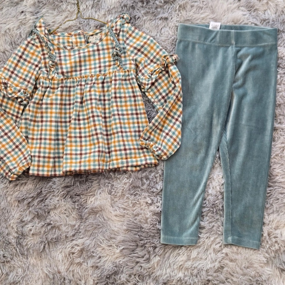 Max Studio Kids Girls Plaid Ruffle Top and Ribbed‎ Velvet Leggings Set Size 4 XS